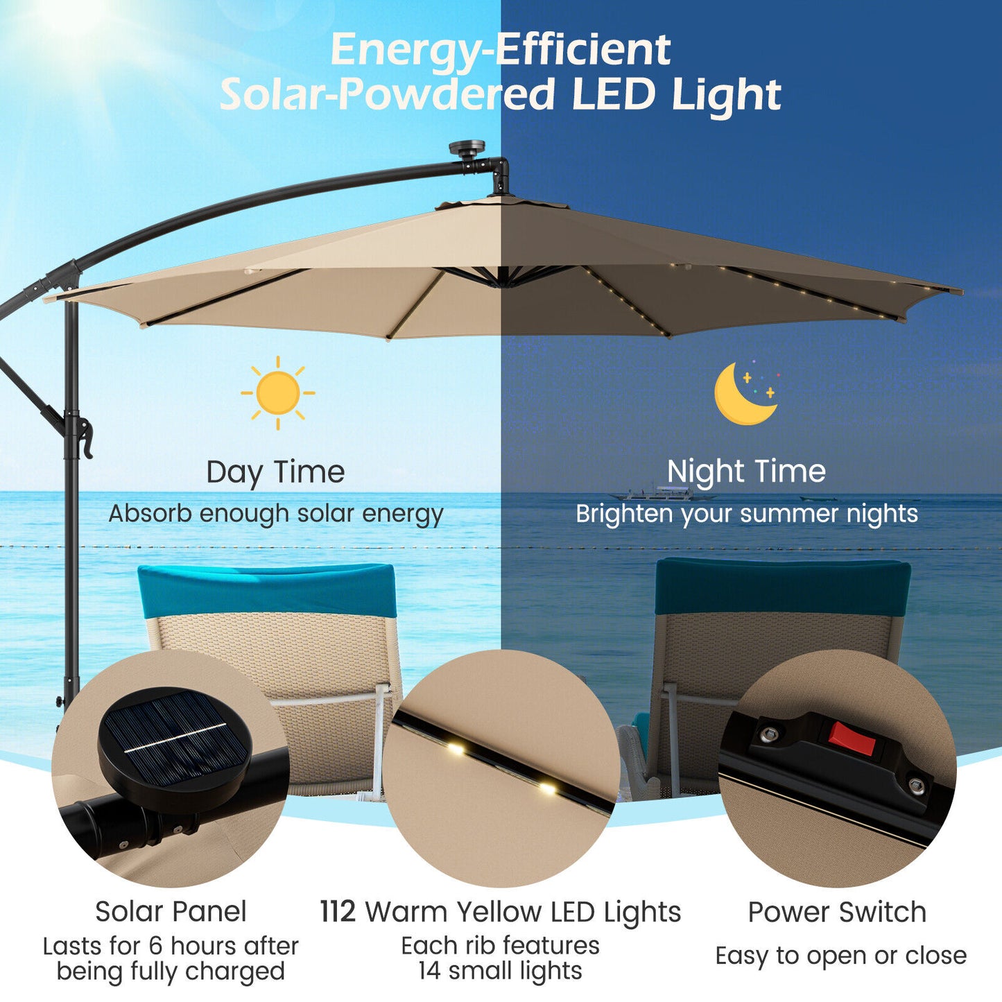 10 Feet Patio Offset Umbrella with 112 Solar-Powered LED Lights-Beige-Beige