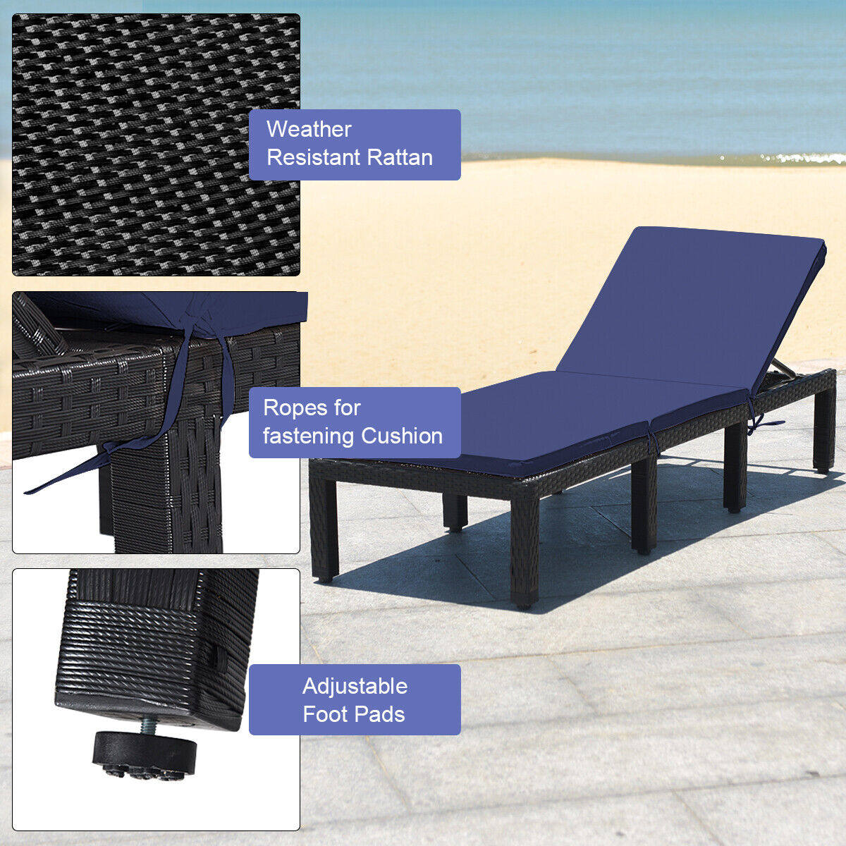 Patio Rattan Height Adjustable Lounge Chair with 2 Set of Cushion Cover-Navy & Off White