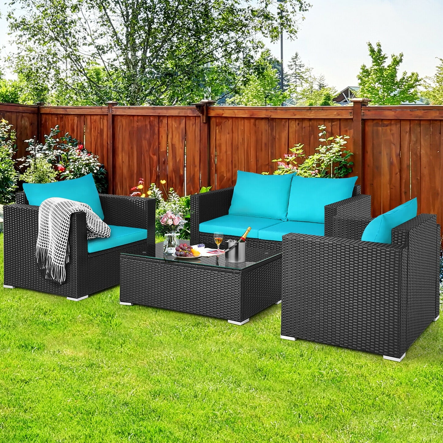 4Pcs Patio Rattan Cushioned Furniture Set-Turquoise