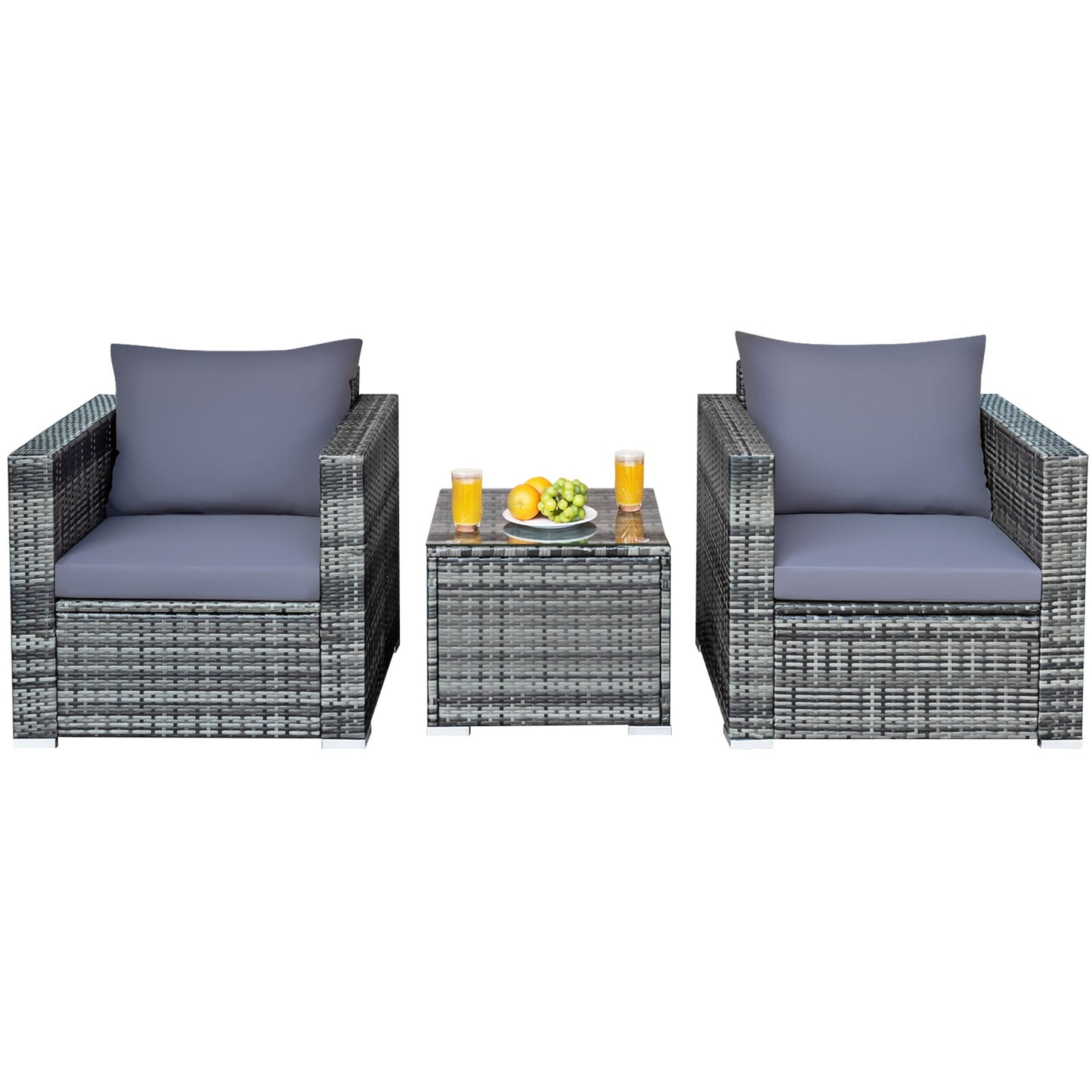 3 Pieces Patio Rattan Furniture Bistro Sofa Set with Cushioned-Gray