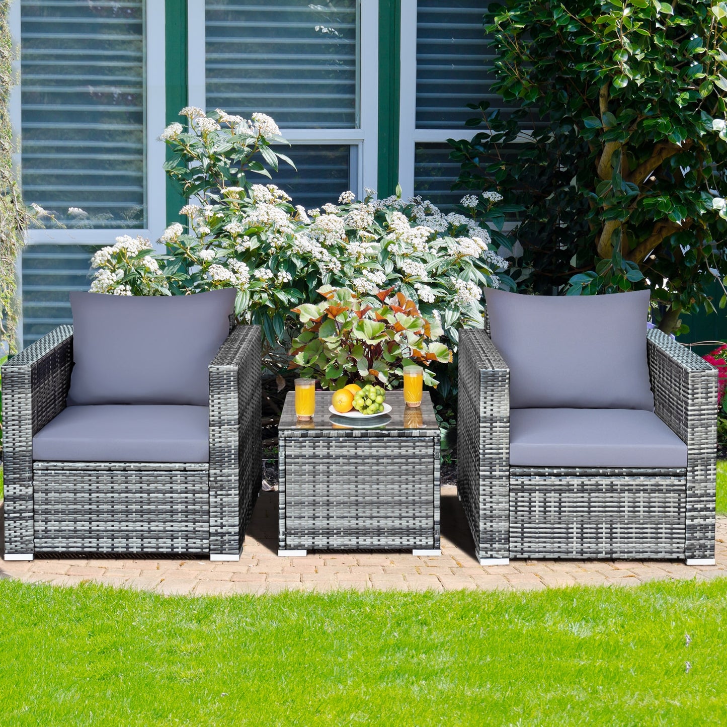 3 Pieces Patio Rattan Furniture Bistro Sofa Set with Cushioned-Gray