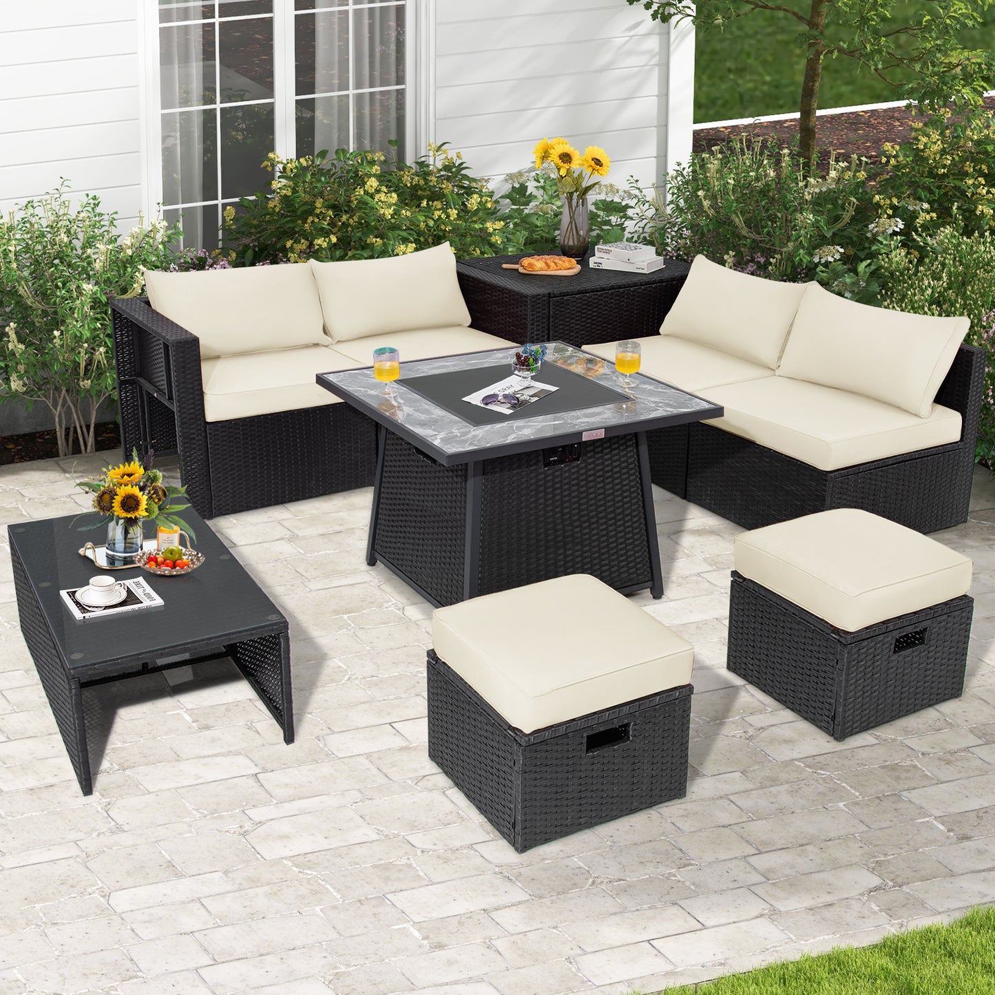 9 Pieces Outdoor Wicker Sectional with 35 Inch Gas Fire Pit Table-Off White