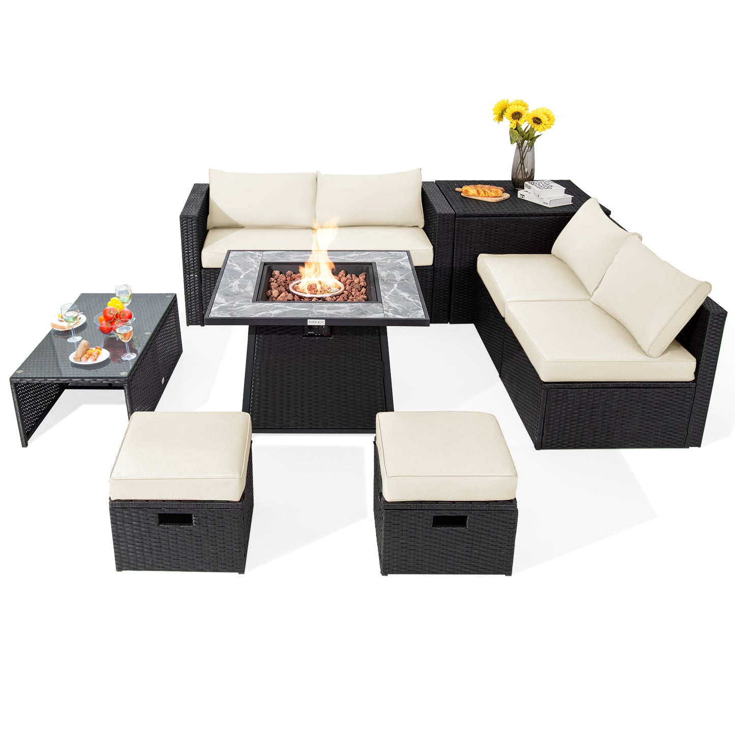 9 Pieces Outdoor Wicker Sectional with 35 Inch Gas Fire Pit Table-Off White