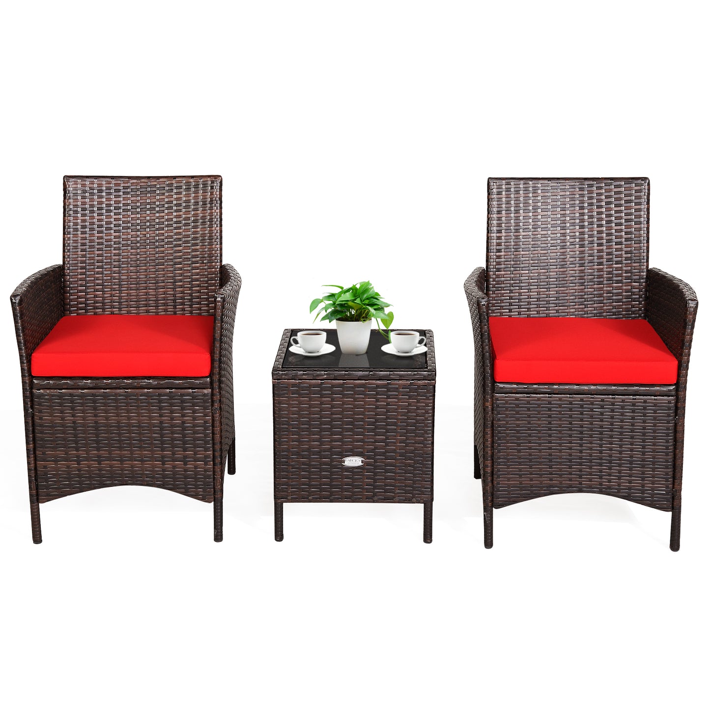 3Pcs Patio Rattan Furniture Set Cushioned Sofa and Glass Tabletop Deck-Red