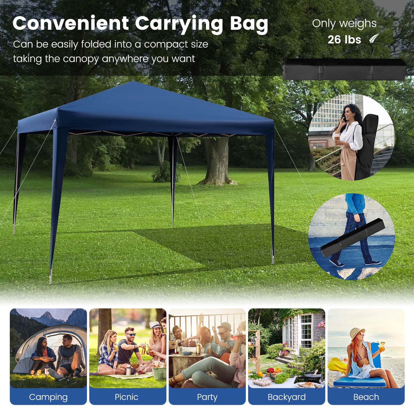10 x 10 Feet Outdoor Pop-up Patio Canopy for Beach and Camp-Blue