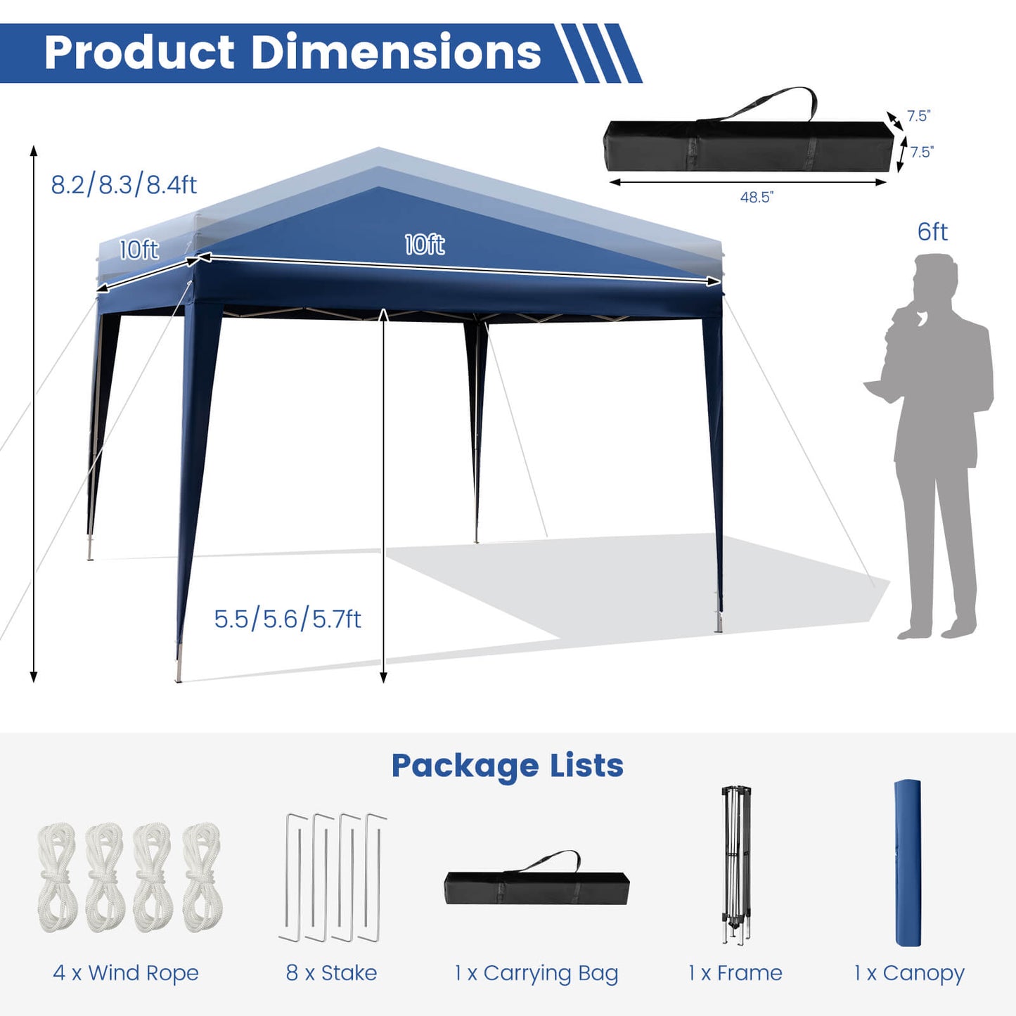 10 x 10 Feet Outdoor Pop-up Patio Canopy for Beach and Camp-Blue