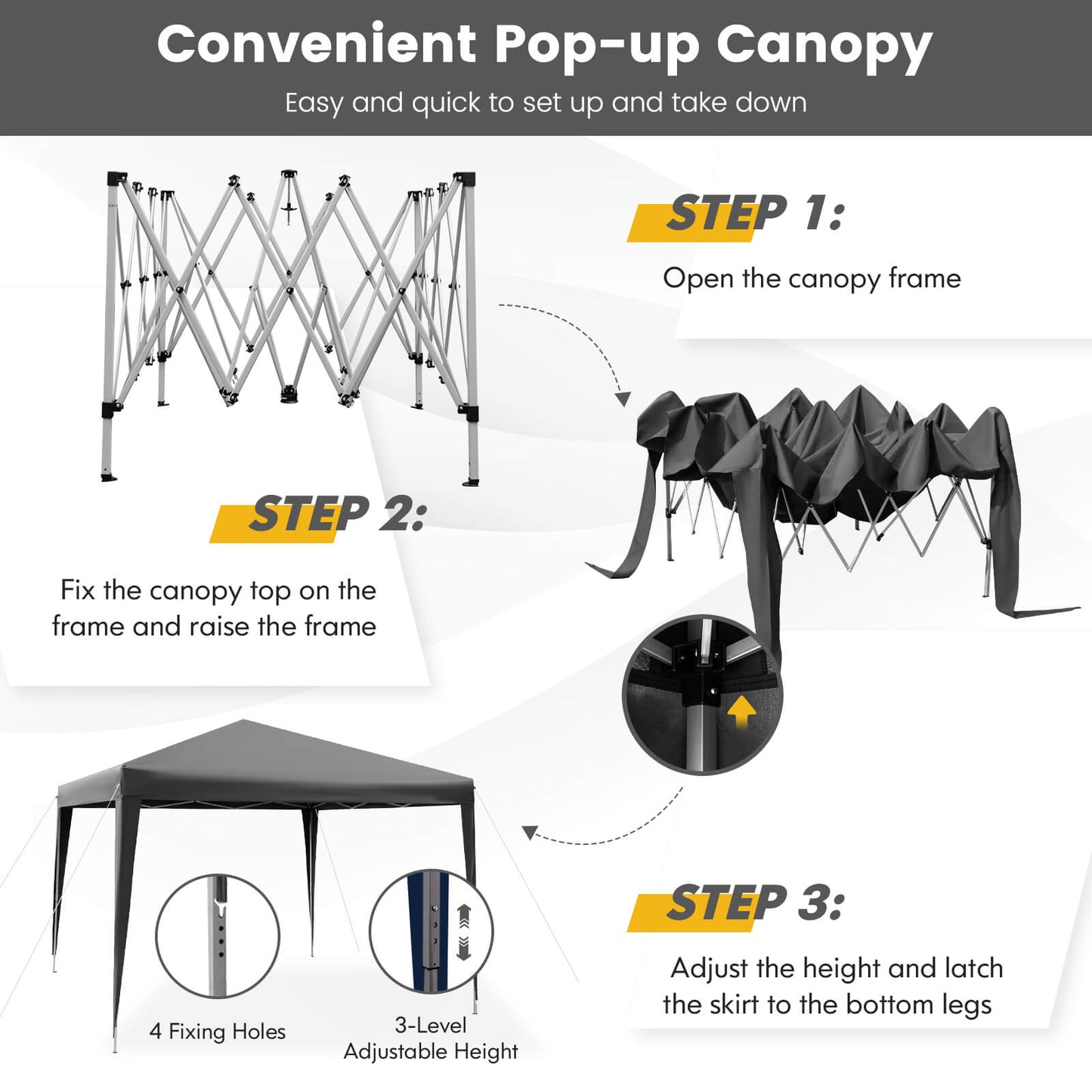 10 x 10 Feet Outdoor Pop-up Patio Canopy for Beach and Camp-Gray