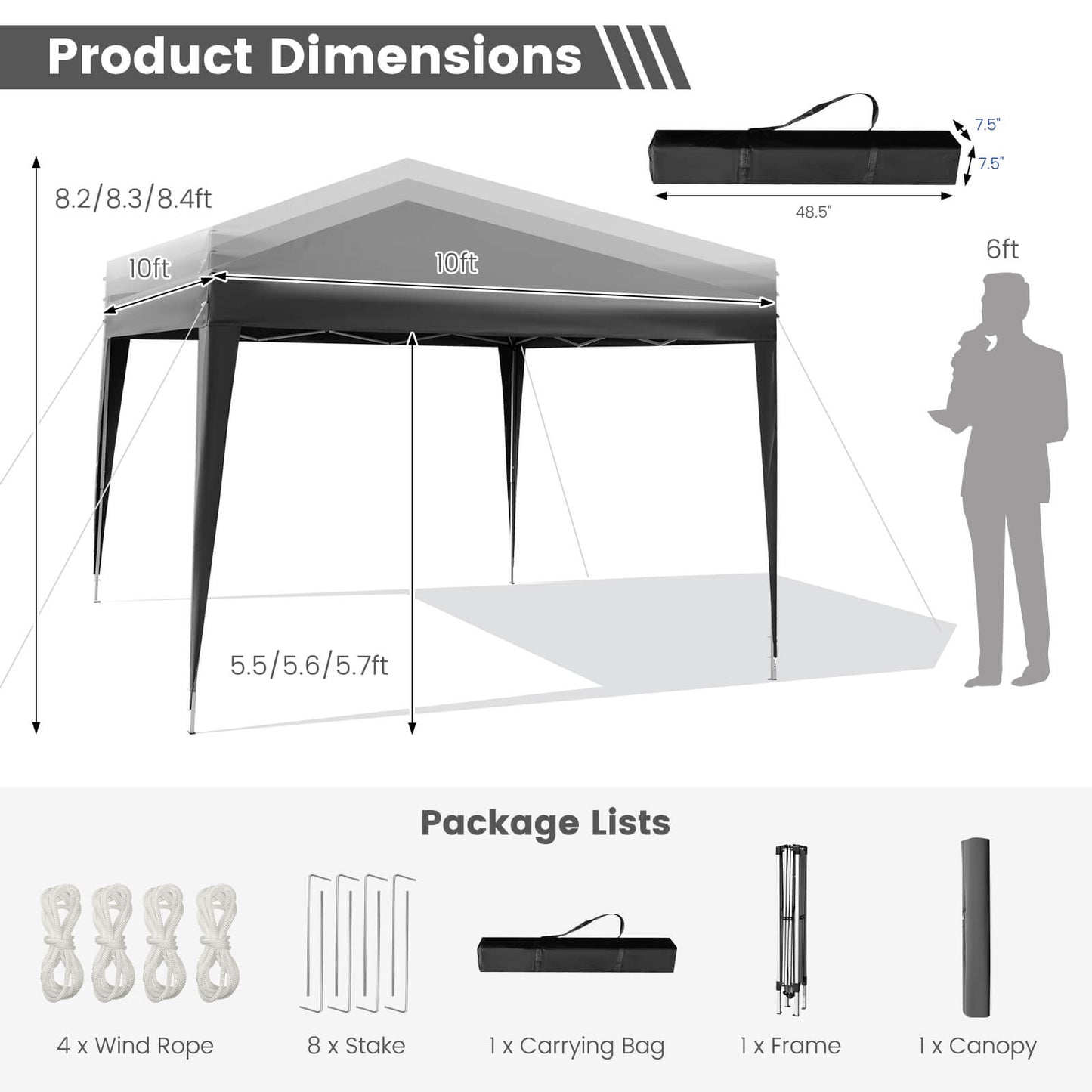 10 x 10 Feet Outdoor Pop-up Patio Canopy for Beach and Camp-Gray