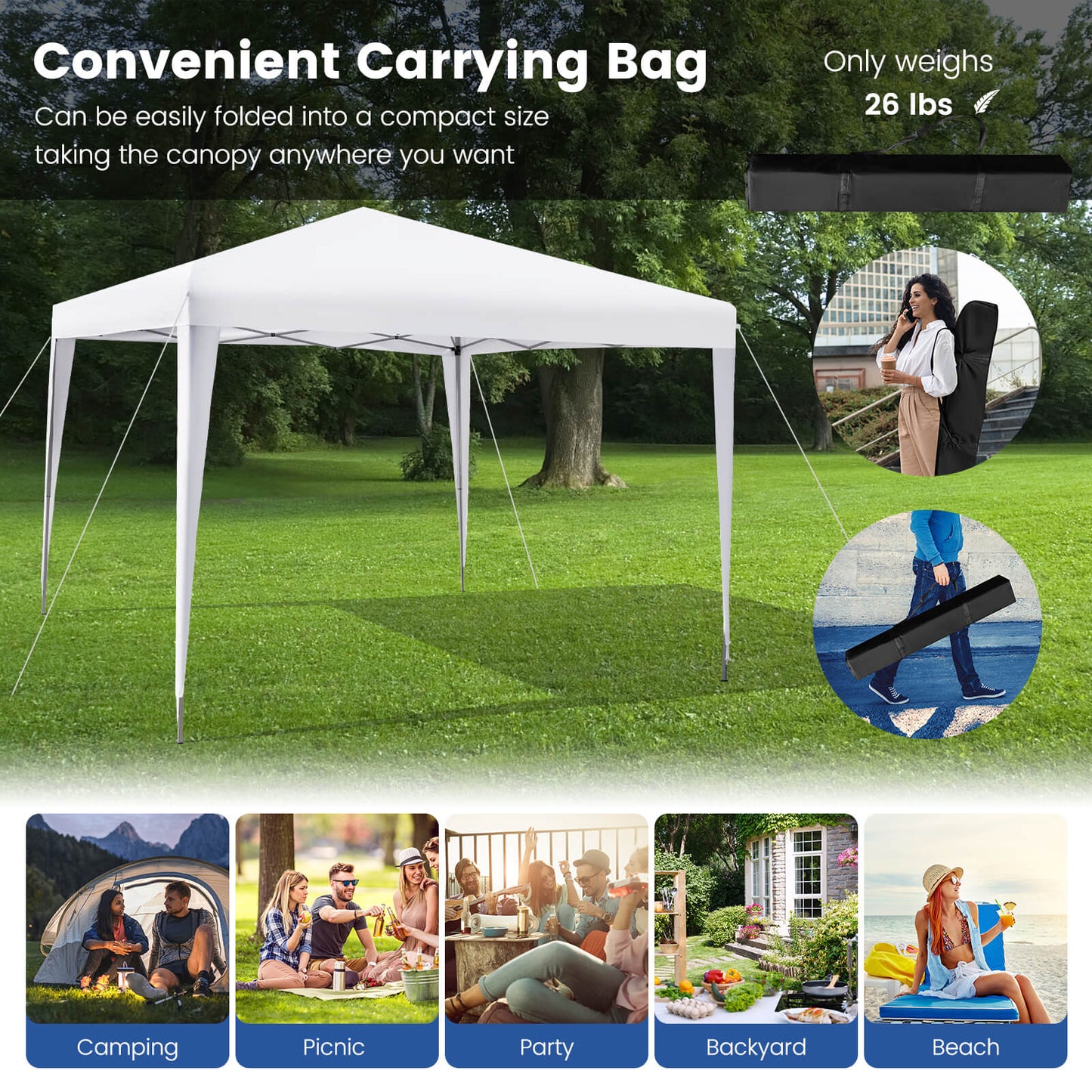 10 x 10 Feet Outdoor Pop-up Patio Canopy for Beach and Camp-White