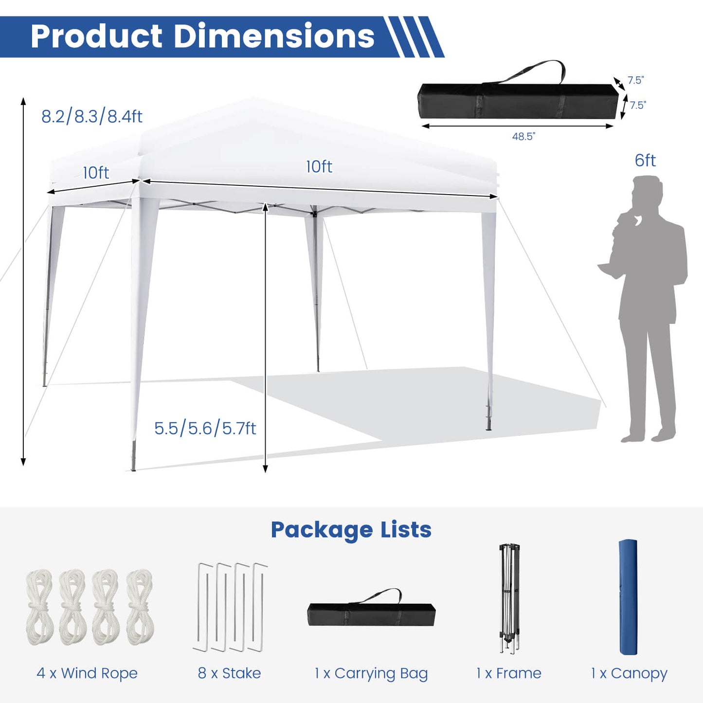 10 x 10 Feet Outdoor Pop-up Patio Canopy for Beach and Camp-White