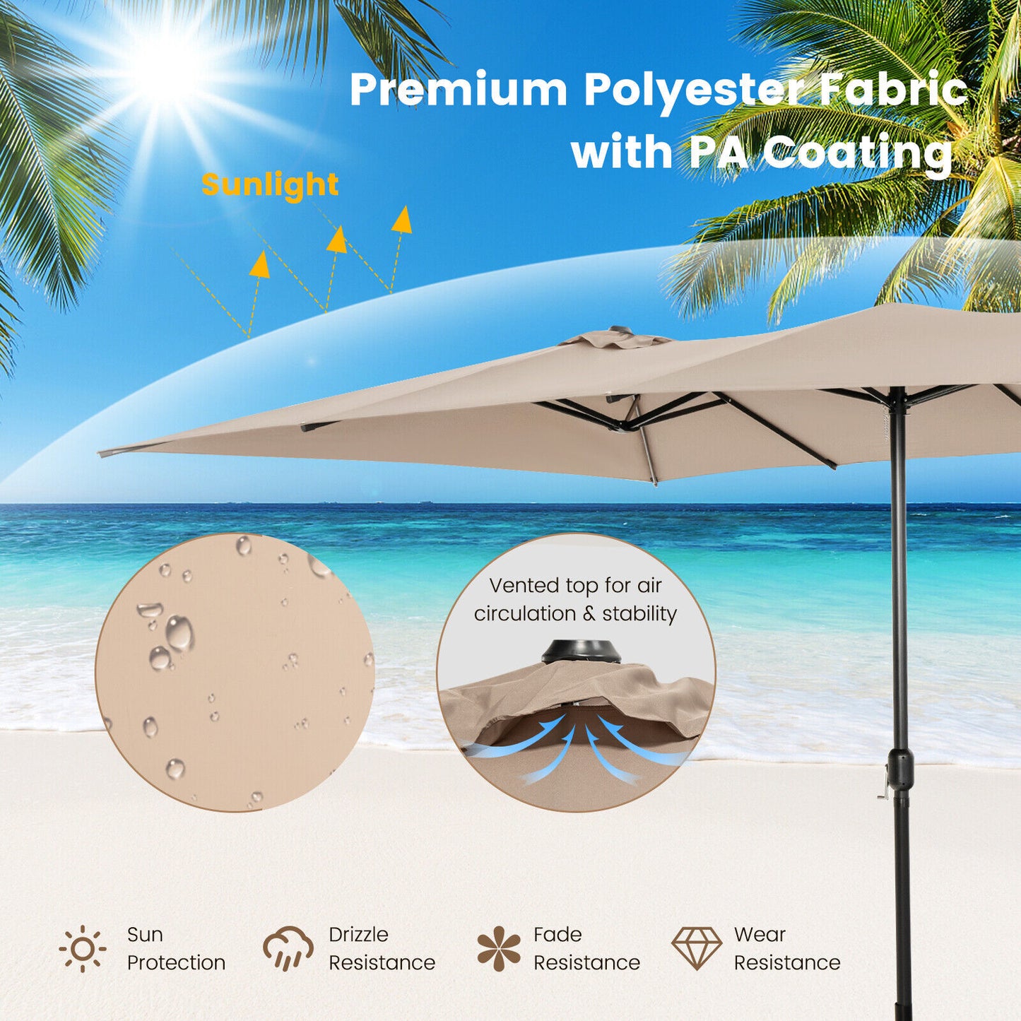 15 Feet Double-Sized Patio Umbrella with Crank Handle and Vented Tops-Brown