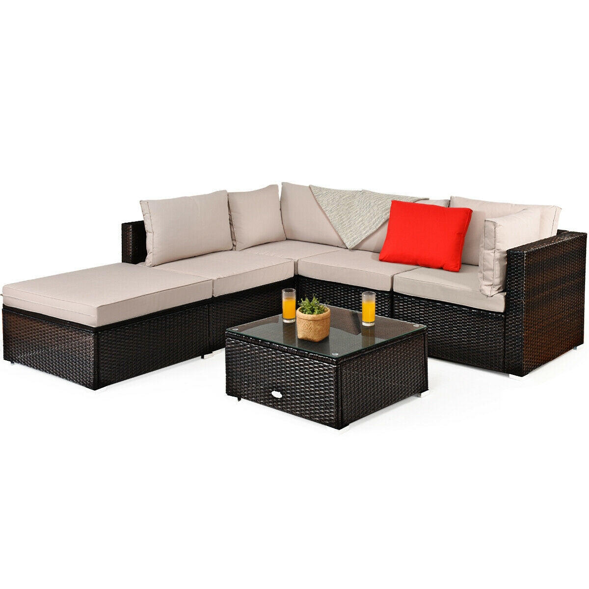 6 Pieces Outdoor Patio Rattan Furniture Set Sofa Ottoman-Coffee