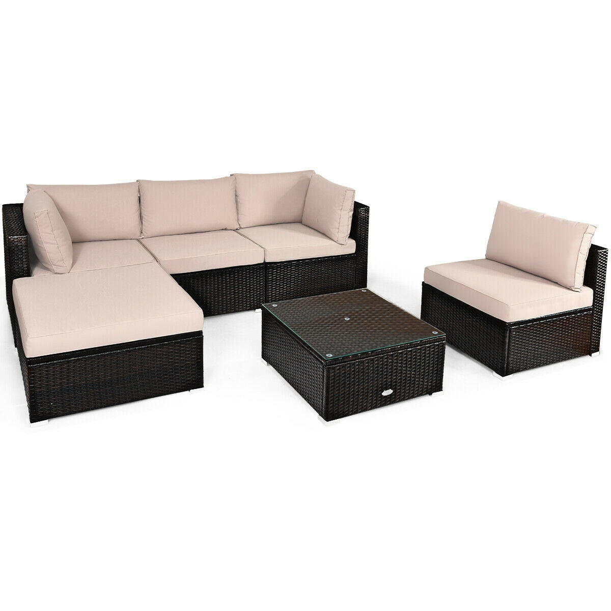 6 Pieces Outdoor Patio Rattan Furniture Set Sofa Ottoman-Coffee