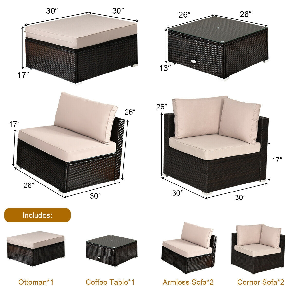 6 Pieces Outdoor Patio Rattan Furniture Set Sofa Ottoman-Coffee
