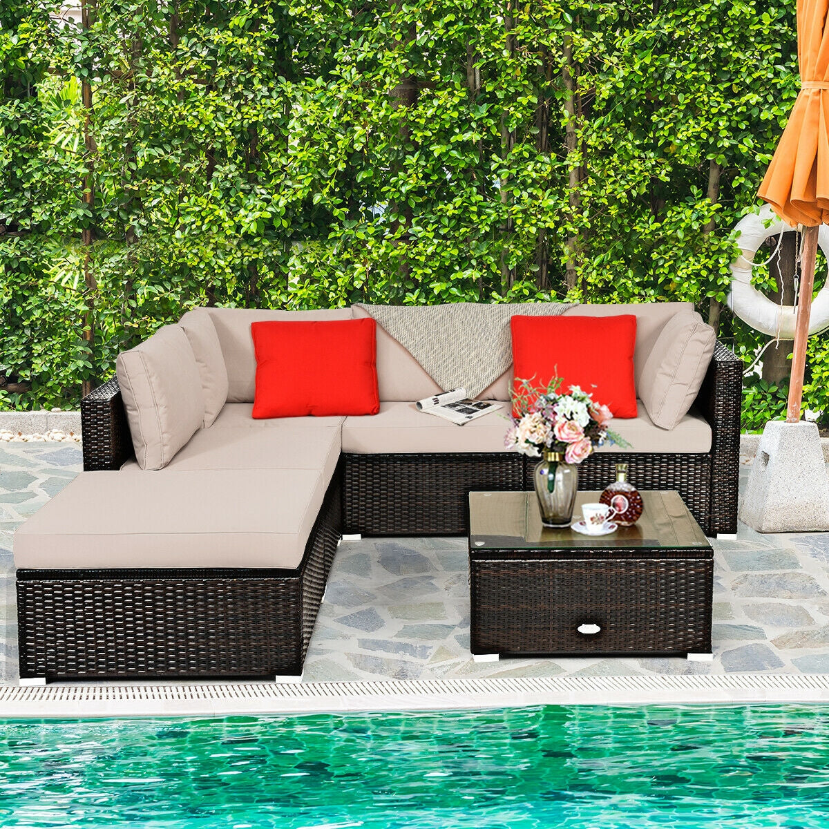 6 Pieces Outdoor Patio Rattan Furniture Set Sofa Ottoman-Coffee