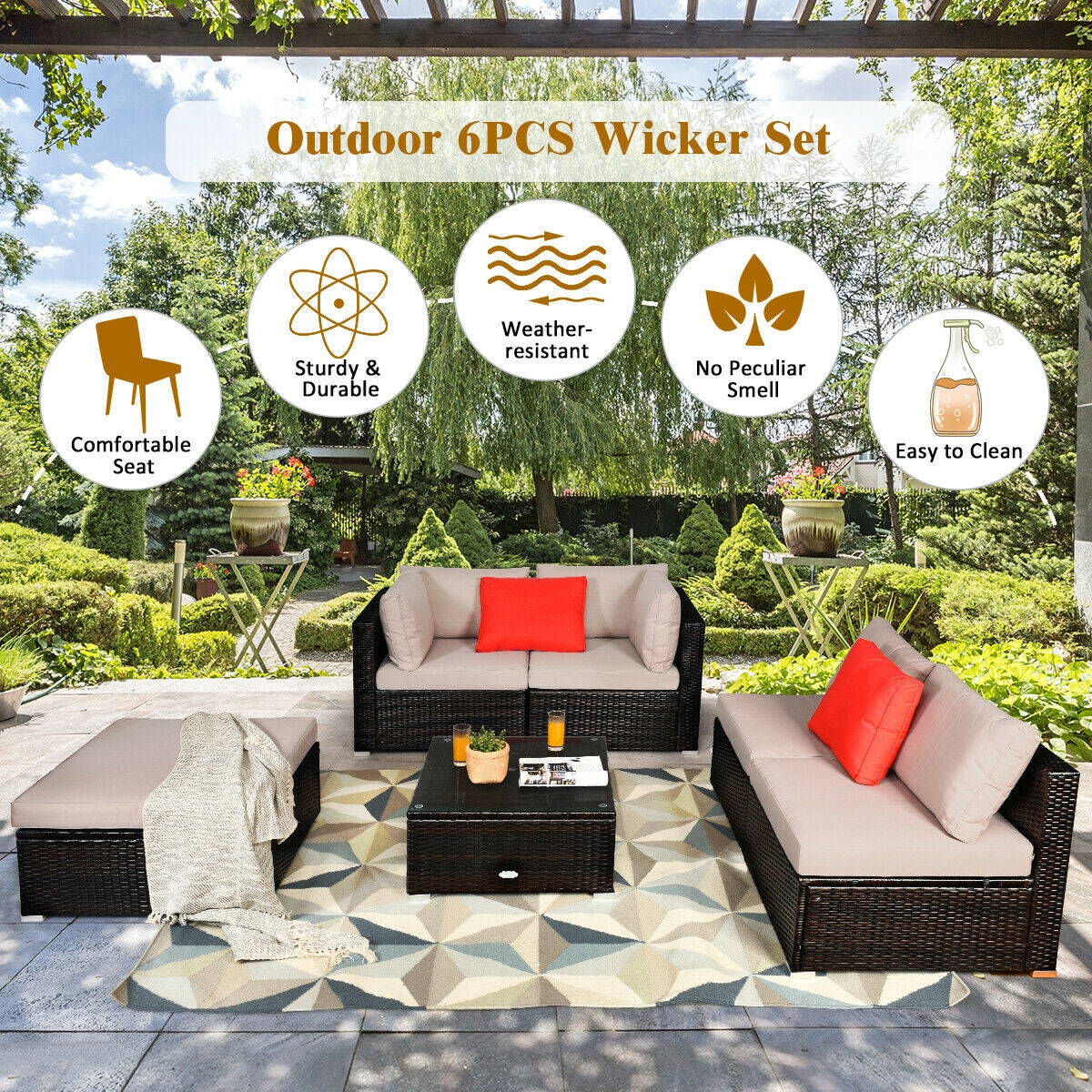 6 Pieces Outdoor Patio Rattan Furniture Set Sofa Ottoman-Coffee