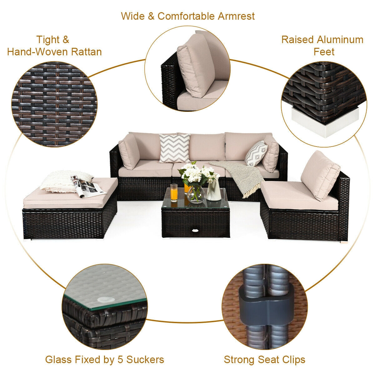 6 Pieces Outdoor Patio Rattan Furniture Set Sofa Ottoman-Coffee