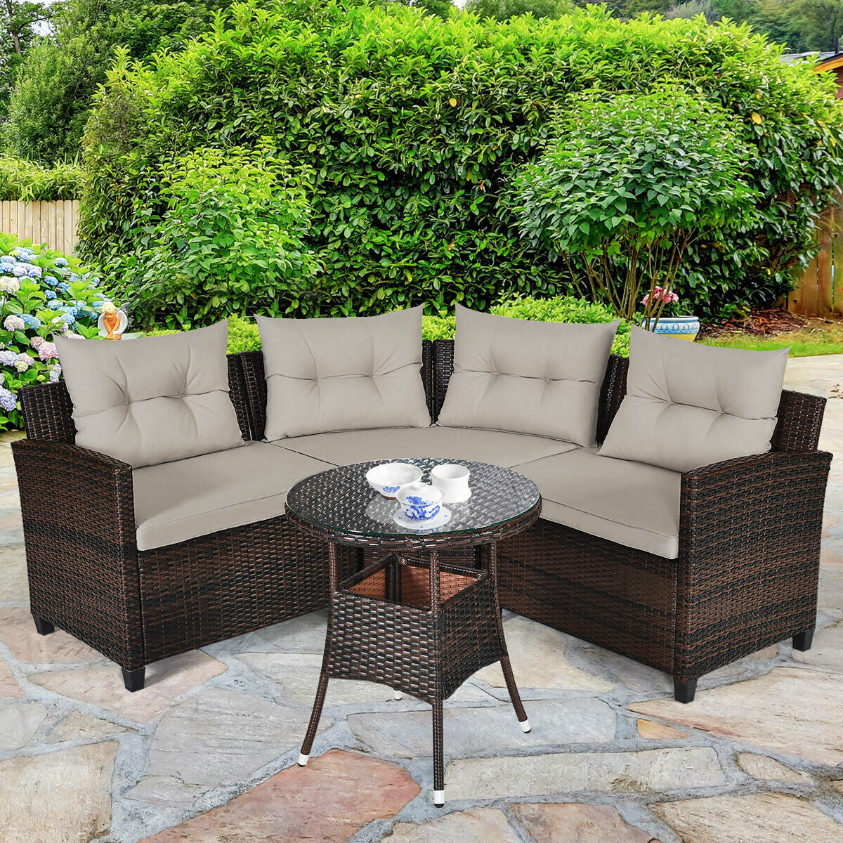 4 Pieces Outdoor Cushioned Rattan Furniture Set-Brown