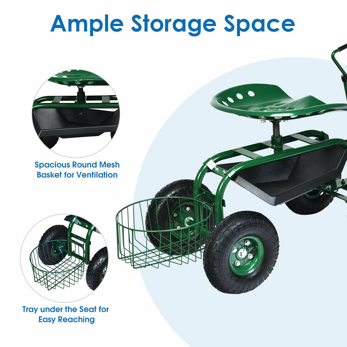 Extendable Handle Garden Cart Rolling Wagon Scooter-Green