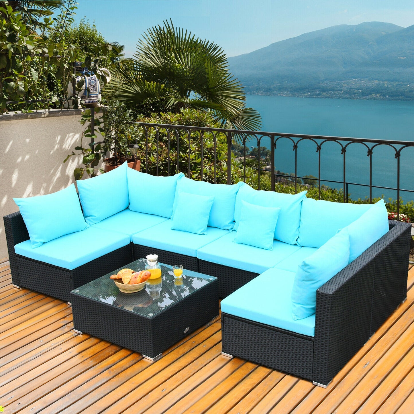 7-Piece Outdoor Sectional Wicker Patio Sofa Set with Tempered Glass Top-Turquoise