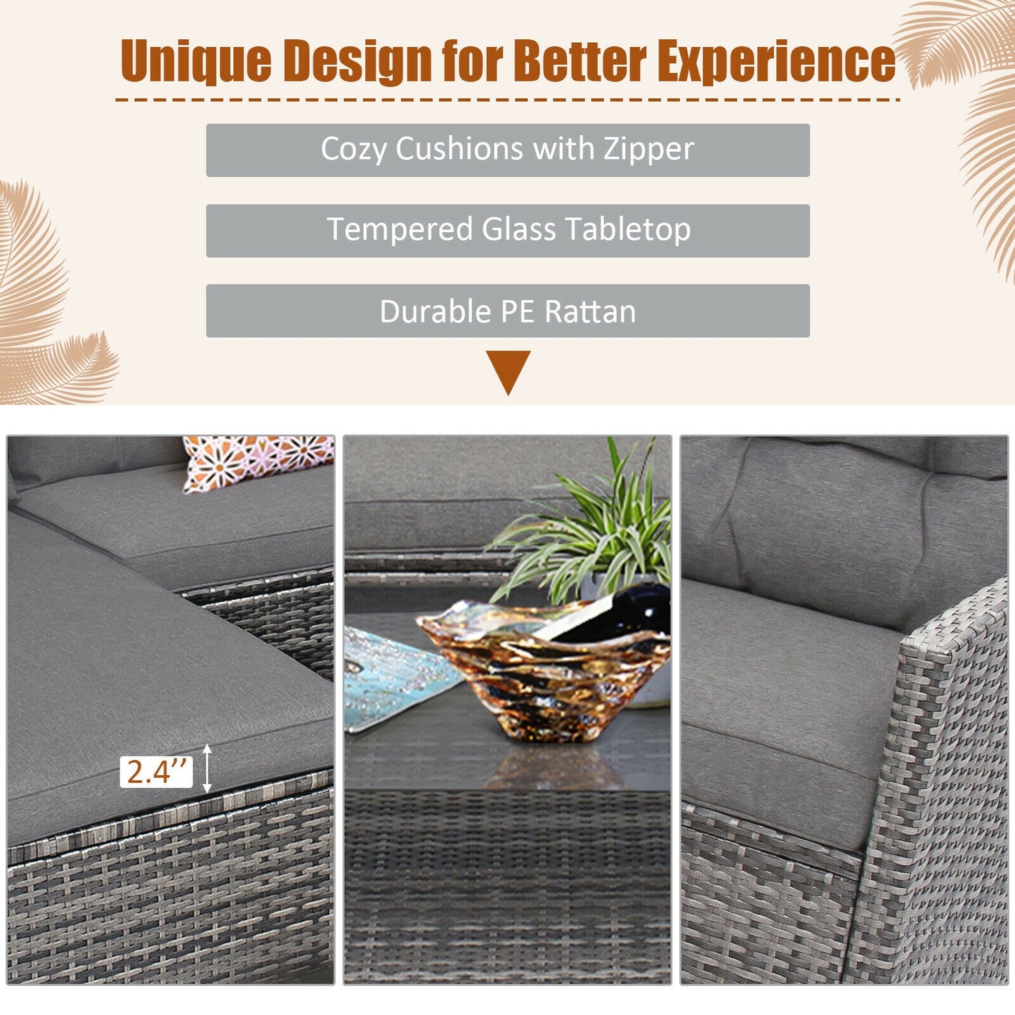4 Pieces Patio Rattan Furniture Set with Cushion-Gray