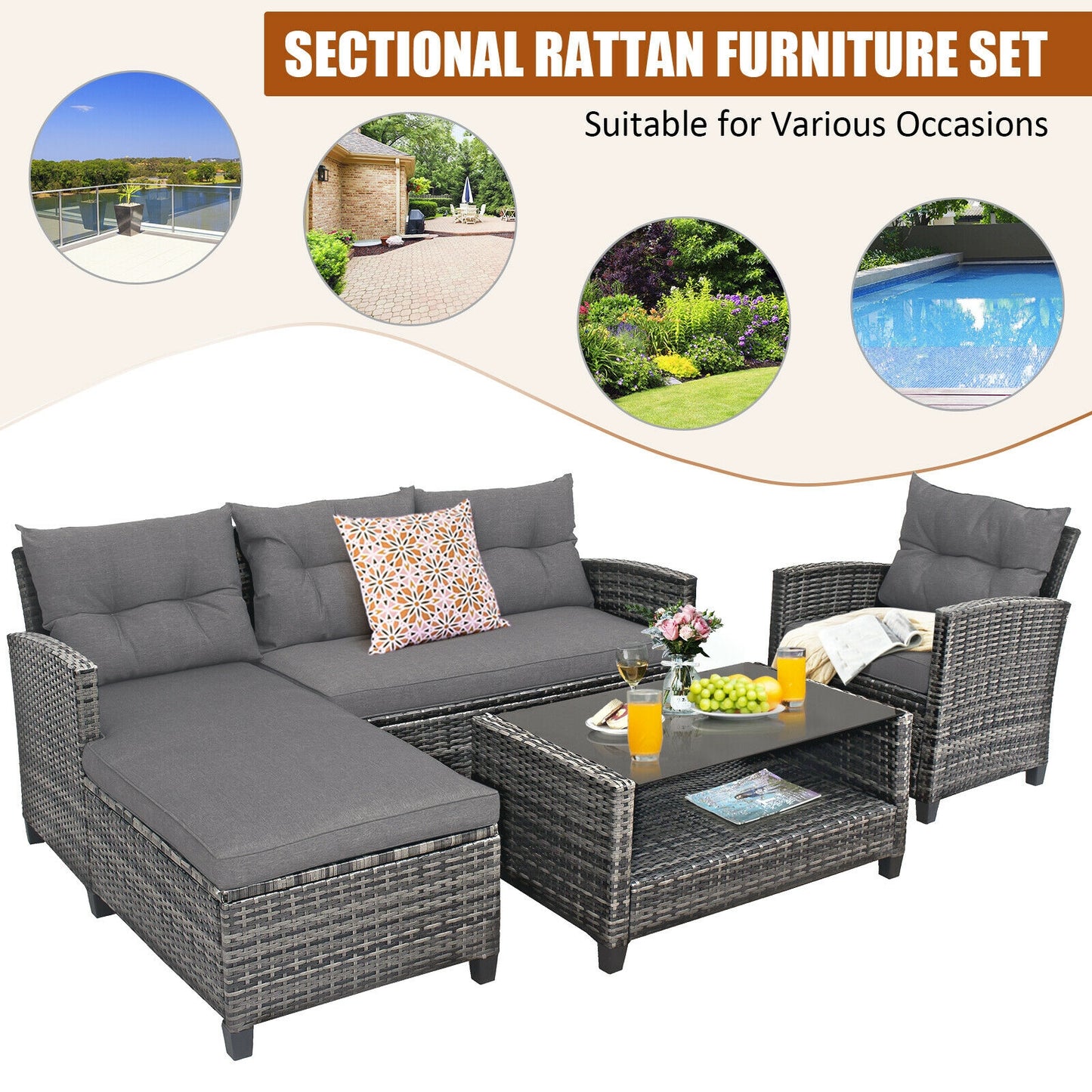 4 Pieces Patio Rattan Furniture Set with Cushion-Gray