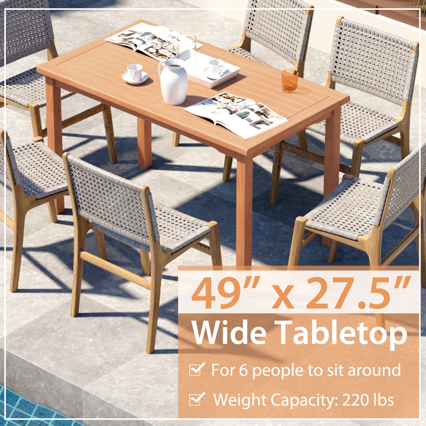 49 Inch Rectangle Patio Indonesia Teak Wood Dining Table with Slatted Tabletop Up to 6