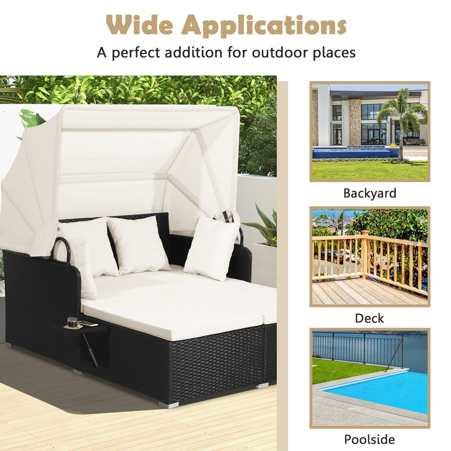 Patio Rattan Daybed with Retractable Canopy and Side Tables-Off White