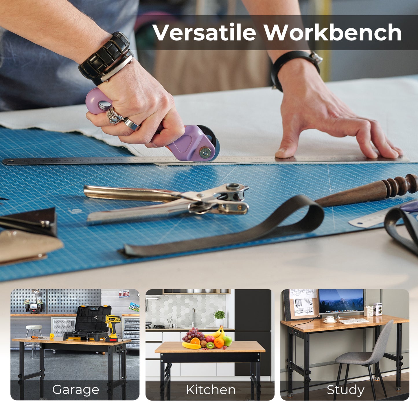 48" x 24" Adjustable Height Mobile Workbench with Caster-Natural