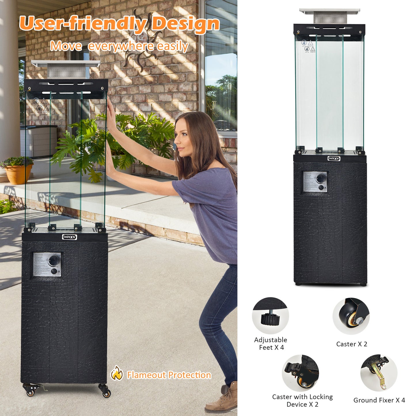 41 000 BTU Propane Patio Heater with Lockable Wheels-Black