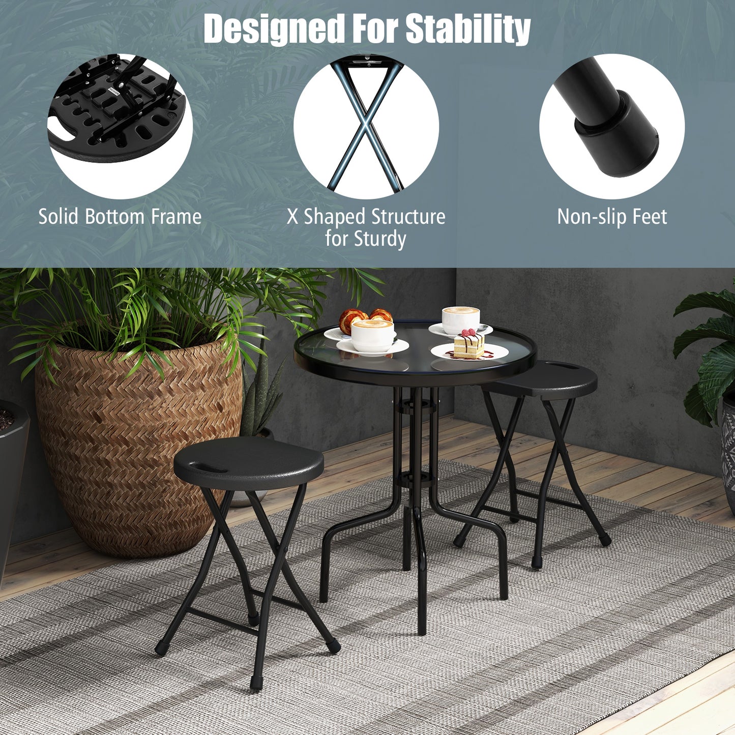 Set of 2 18 Inch Collapsible Round Stools with Handle-Black