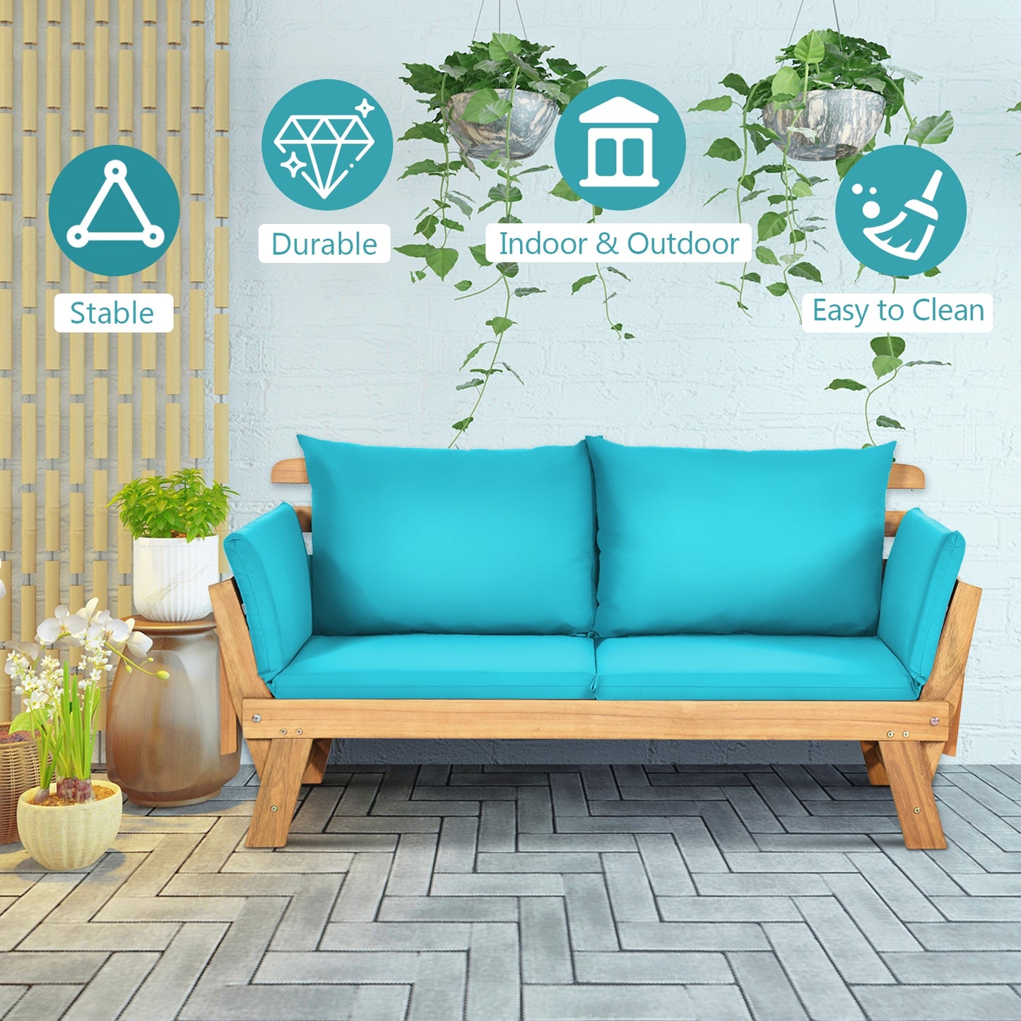 Adjustable Patio Convertible Sofa with Thick Cushion-Turquoise