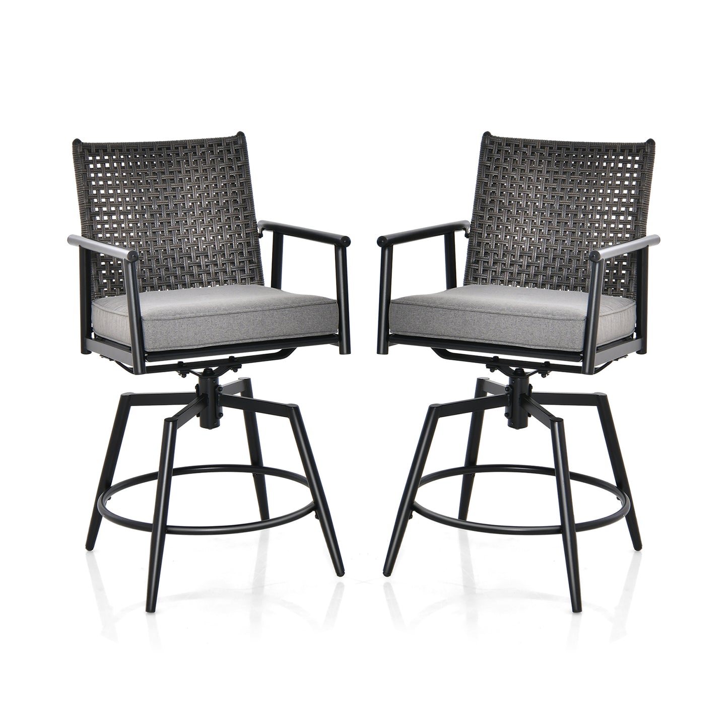 360 Degree Swivel Bar Stool Set of 2 with Metal Frame and PE Rattan Backrest-Black