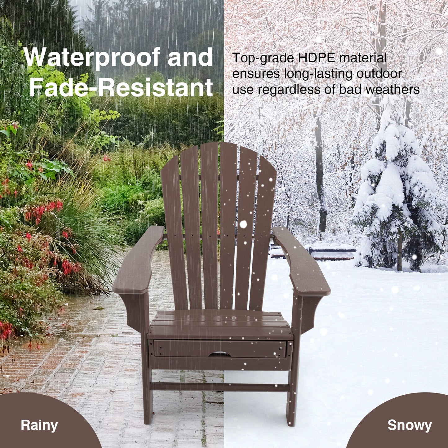 Patio HDPE Adirondack Chair with Retractable Ottoman-Brown
