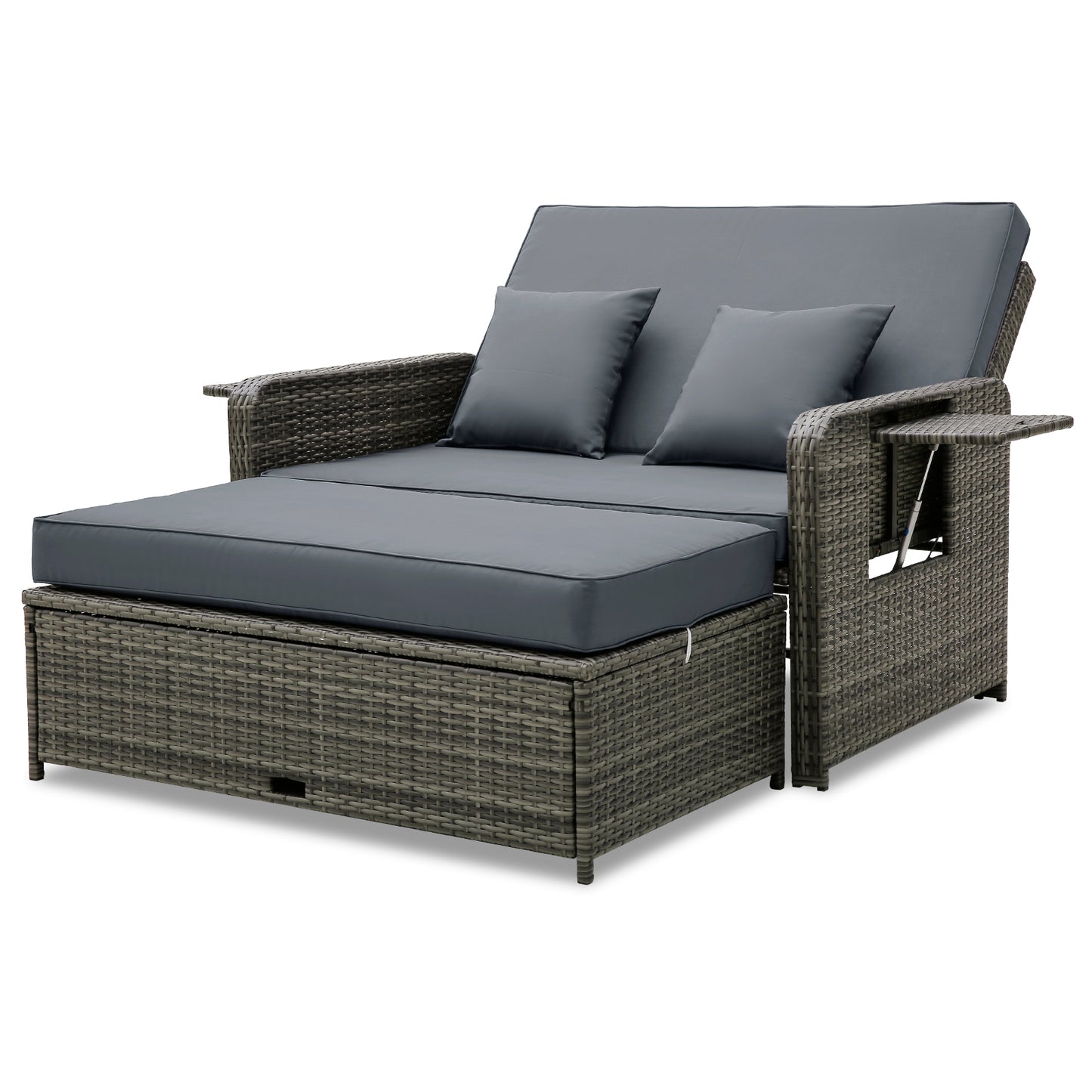 Wicker Loveseat Sofa with Multipurpose Ottoman and Retractable Side Tray-Gray