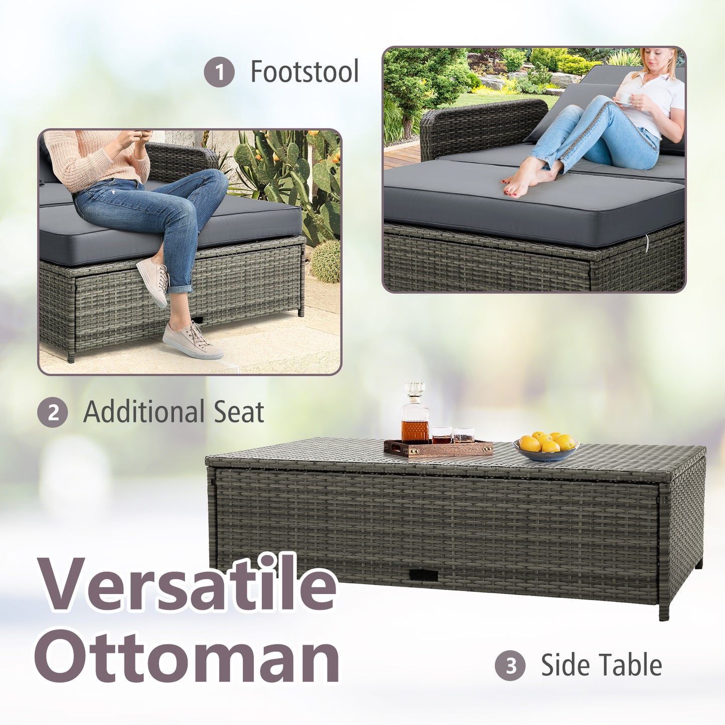 Wicker Loveseat Sofa with Multipurpose Ottoman and Retractable Side Tray-Gray