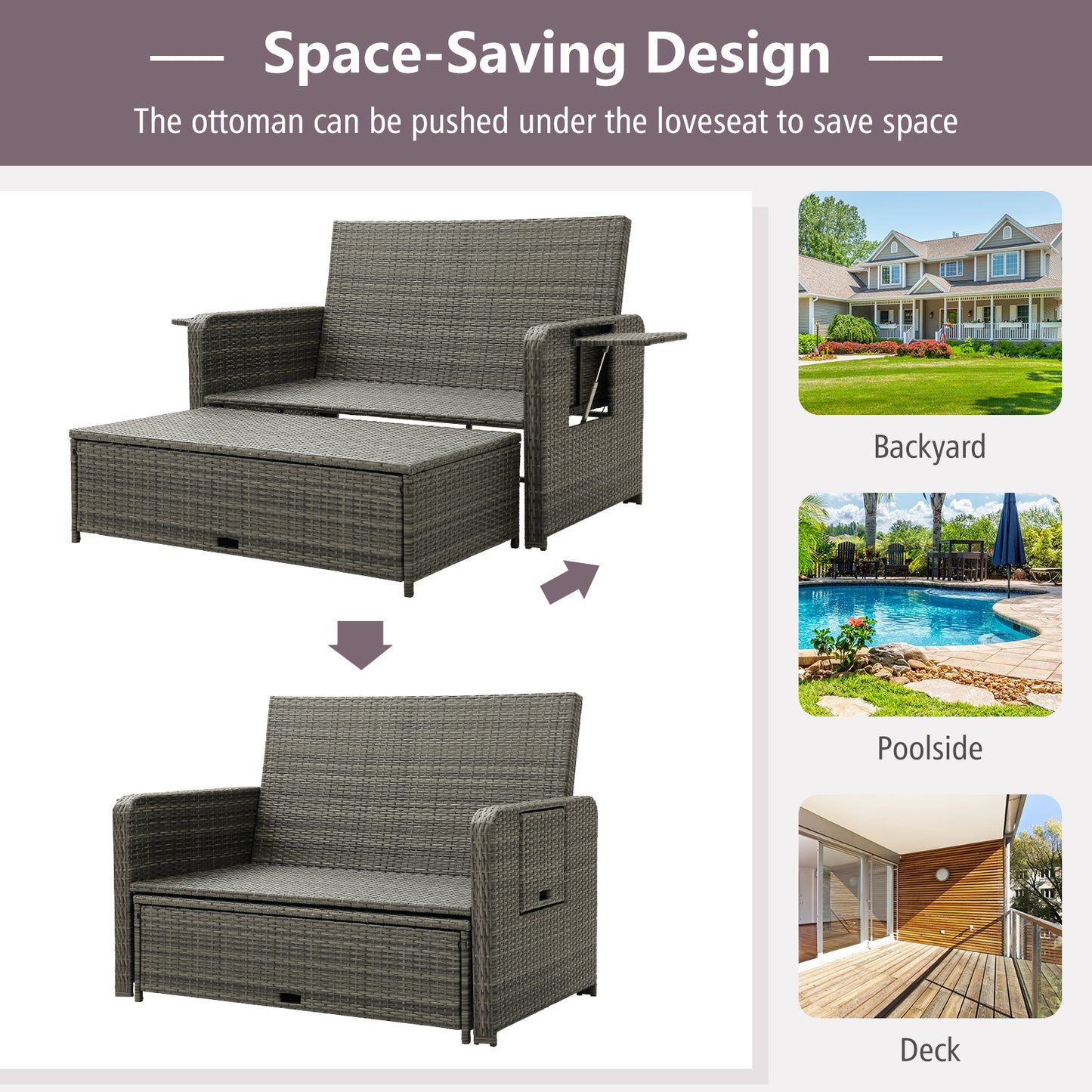 Wicker Loveseat Sofa with Multipurpose Ottoman and Retractable Side Tray-Gray
