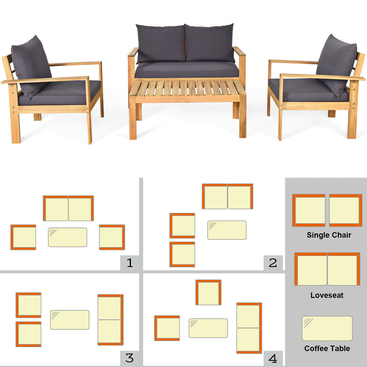4 Pieces Outdoor Acacia Wood Chat Set with Removable Cushions and Table