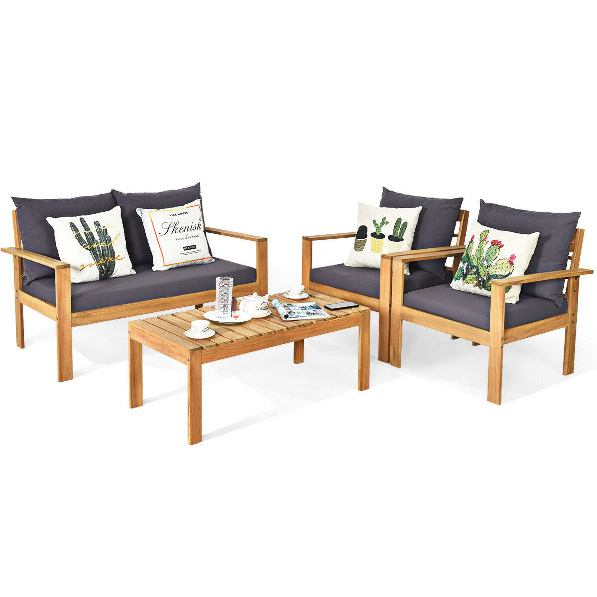 4 Pieces Outdoor Acacia Wood Chat Set with Removable Cushions and Table
