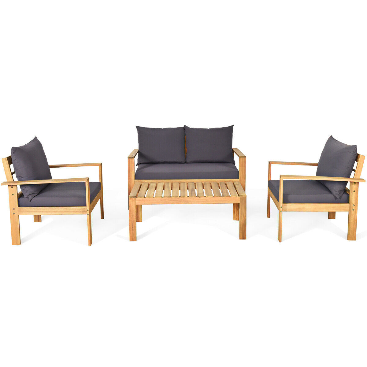 4 Pieces Outdoor Acacia Wood Chat Set with Removable Cushions and Table