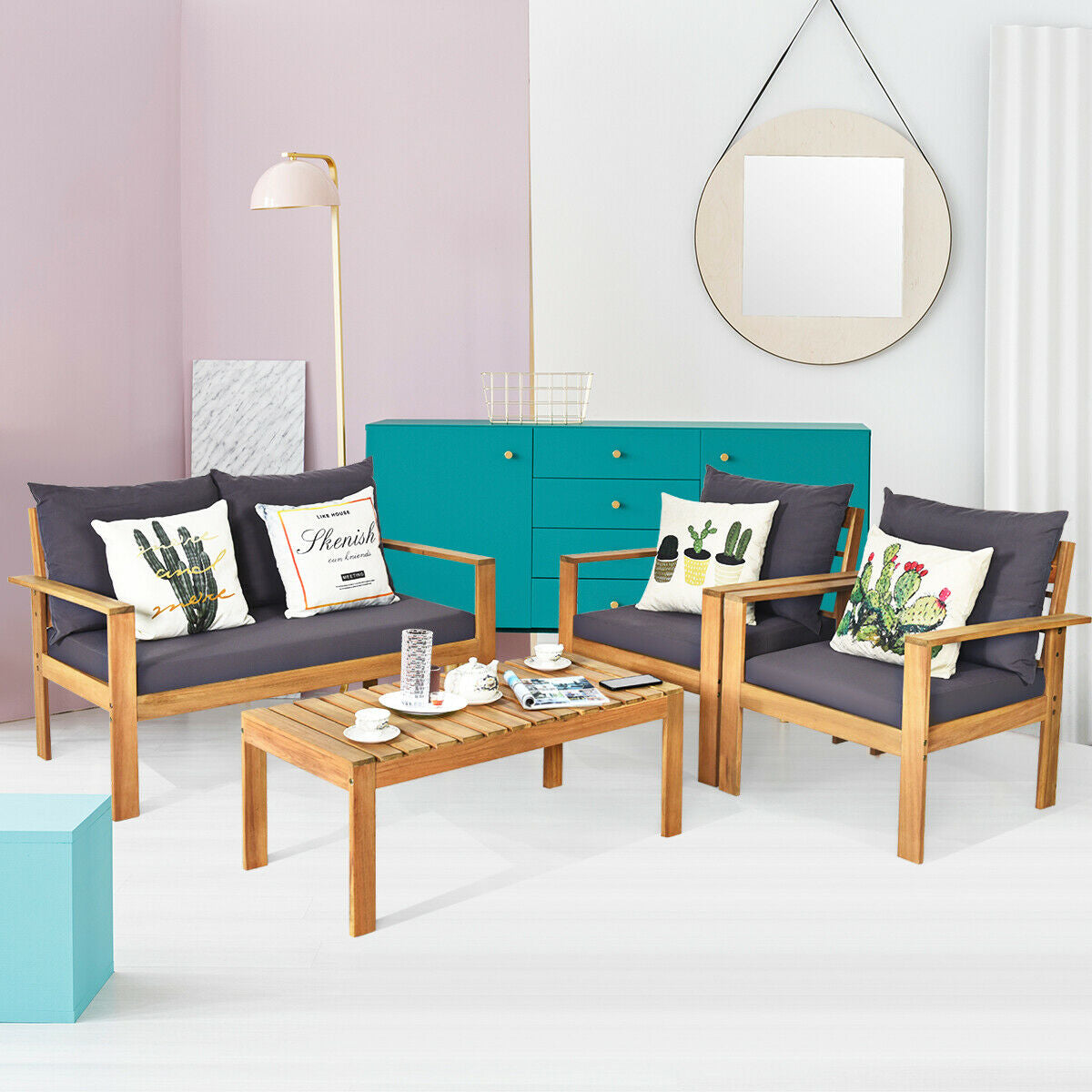 4 Pieces Outdoor Acacia Wood Chat Set with Removable Cushions and Table