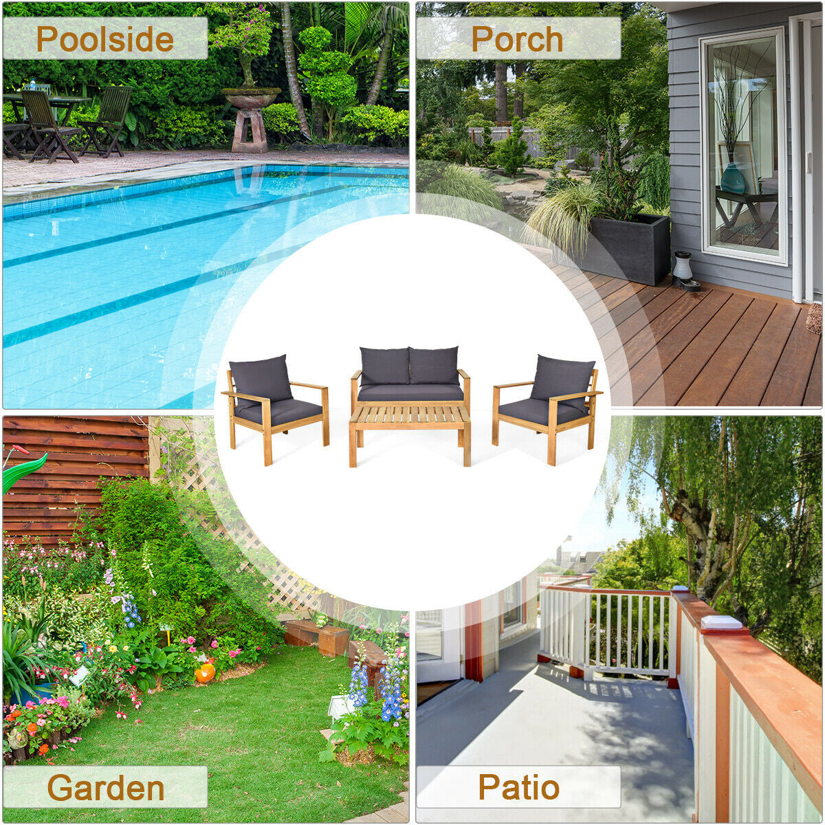 4 Pieces Outdoor Acacia Wood Chat Set with Removable Cushions and Table