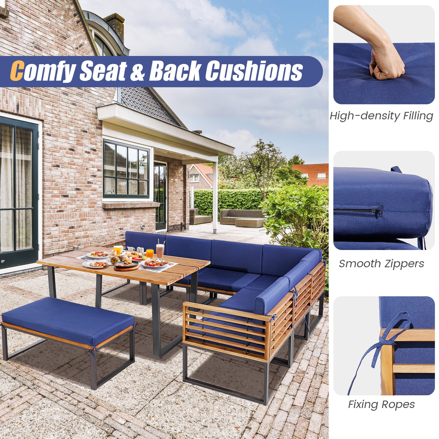 8 Pieces Patio Acacia Wood Dining Table Set with Ottoman Cushions-Navy