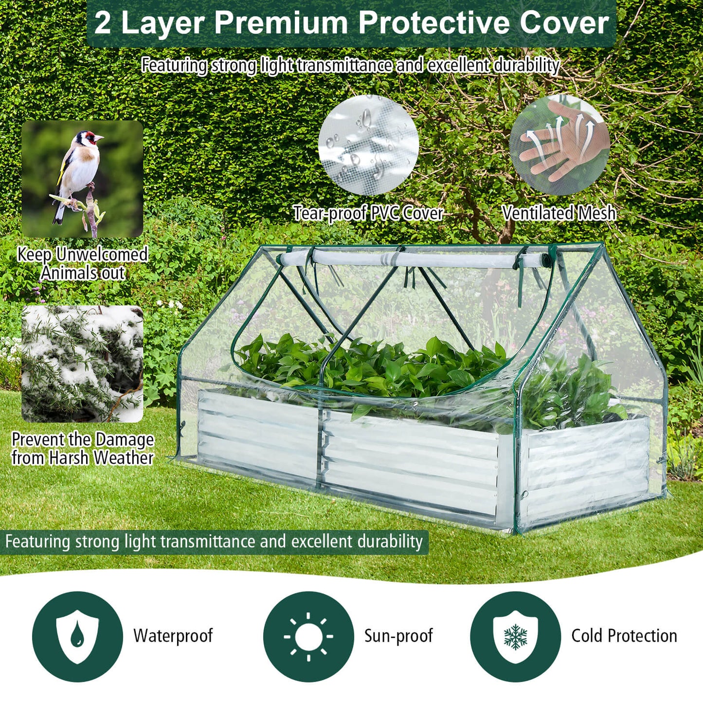 6 x 3 x 3 Feet Galvanized Raised Garden Bed with Greenhouse-Silver