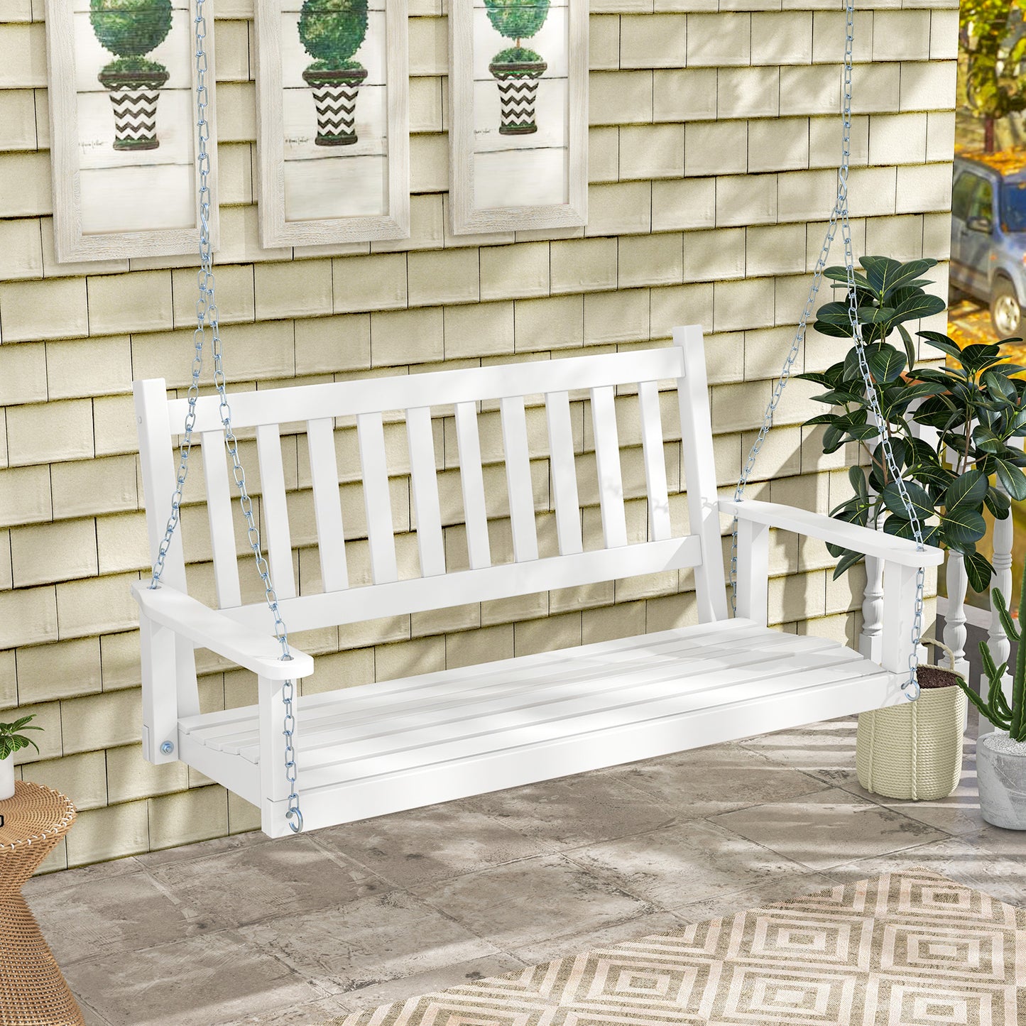 2-Person Wooden Outdoor Porch Swing with 500 lbs Weight Capacity-White