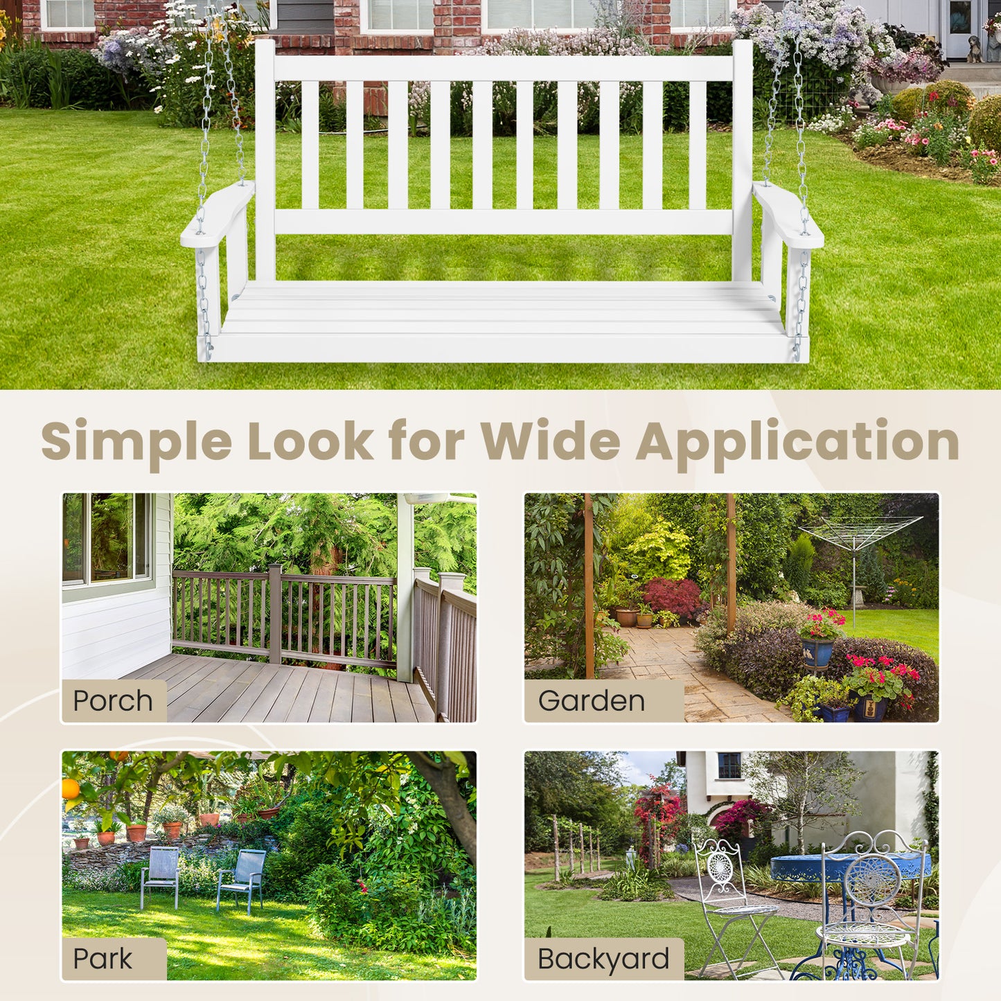 2-Person Wooden Outdoor Porch Swing with 500 lbs Weight Capacity-White