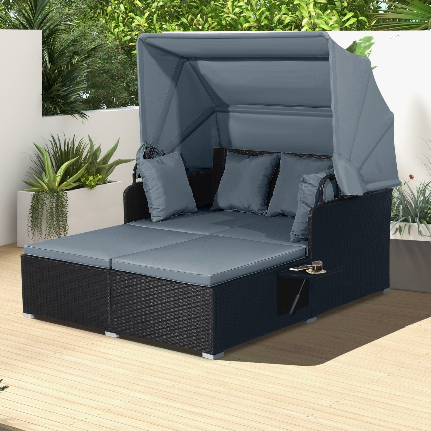 Patio Rattan Daybed with Retractable Canopy and Side Tables-Gray