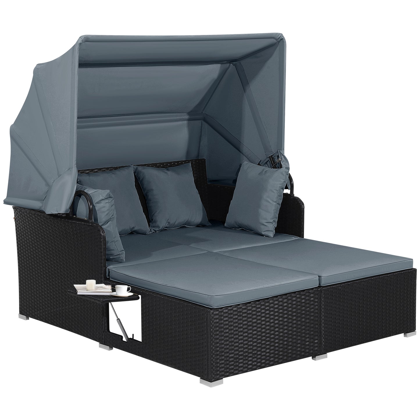 Patio Rattan Daybed with Retractable Canopy and Side Tables-Gray