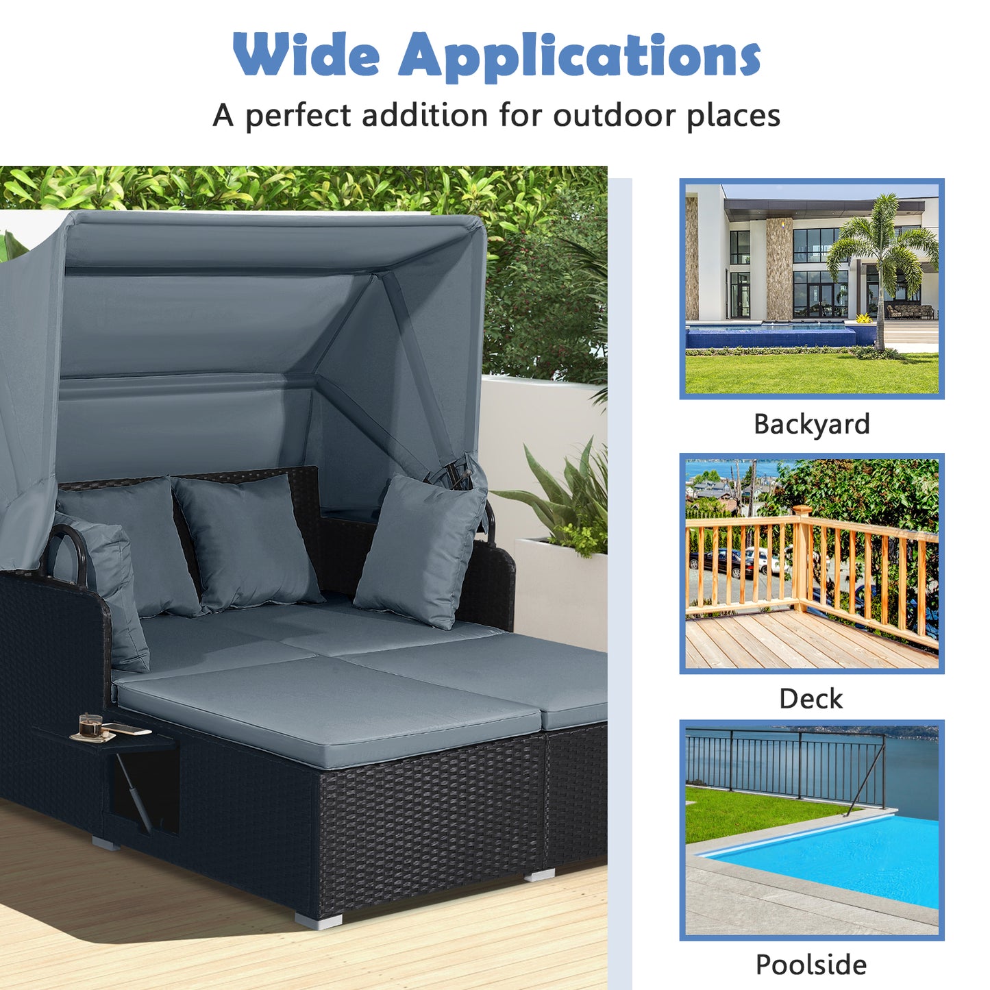 Patio Rattan Daybed with Retractable Canopy and Side Tables-Gray