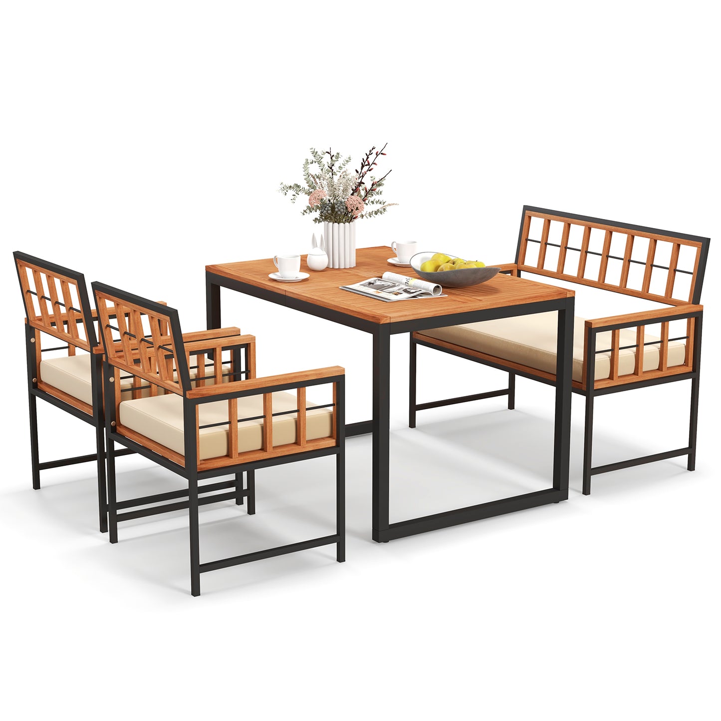 4 Pieces Acacia Wood Patio Dining Set with 1 Rectangular Table